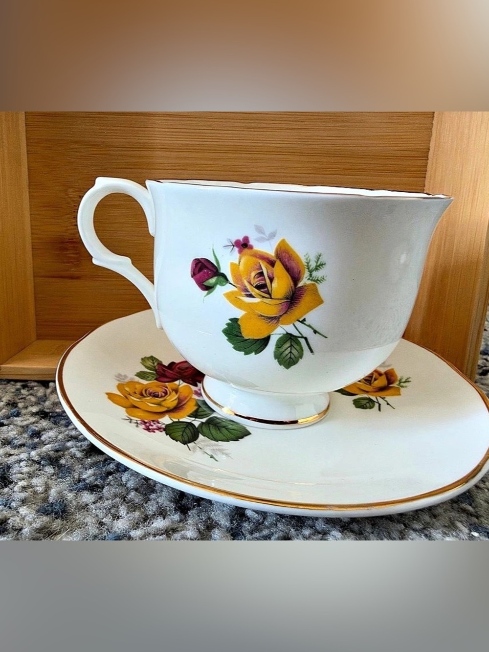 Vintage Sadler Wellington Fine Bone China Yellow & Red Rose Teacup and Saucer